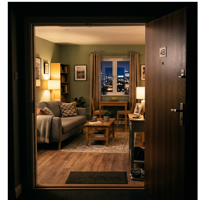 A softly lit home interior, welcoming families home